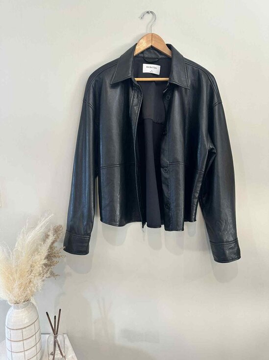 Babaton Black Faux Leather Button-Up Shirt Jacket, Size Medium - Picture 2 of 4